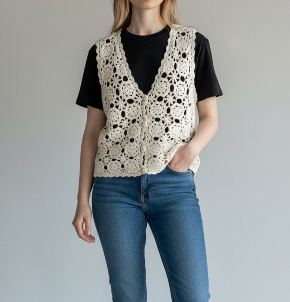 Segue Off White Vintage Inspired Crochet Button Down Floral V-Neck Vest
